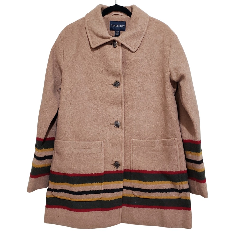 Abrigo Topper Pendleton Mezcla Tejido Lana Peso Pesado Mujer Grande Camel Rayas Nuevo con Etiquetas