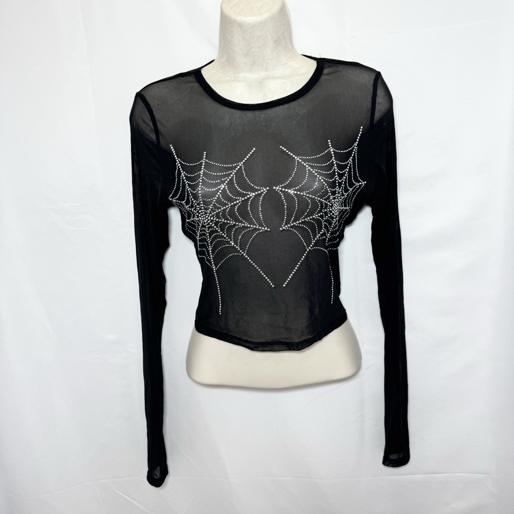 Black Sheer Mesh Spider Web Top Womens Size M Stretch Goth Rave Grunge Witchy