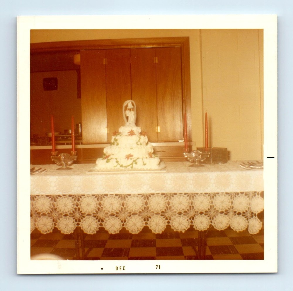 Old Vintage Square Color Photo WEDDING ANNIVERSARY CAKE TABLE 1971 SNAPSHOT