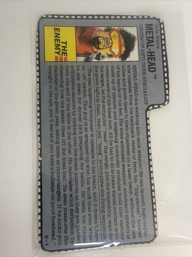 Vintage 1990 GI JOE 'METAL-HEAD' Action Figure Cutout File Bio Card