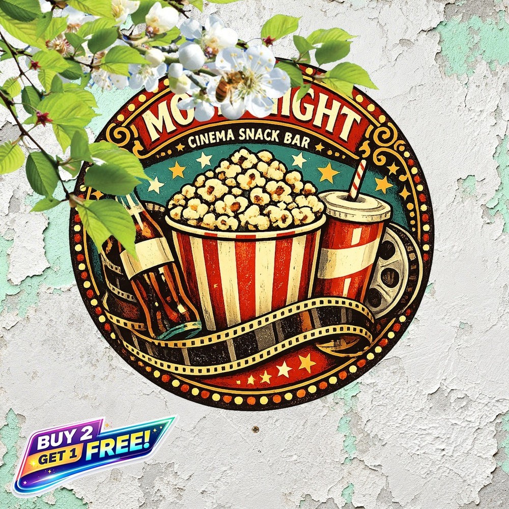Cinema Popcorn Retro Tin Sign Home Theater Movie Room Decor
