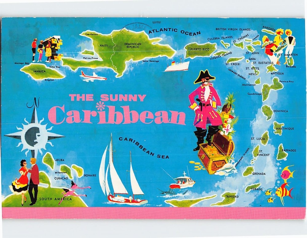 Postcard The Sunny Caribbean Map