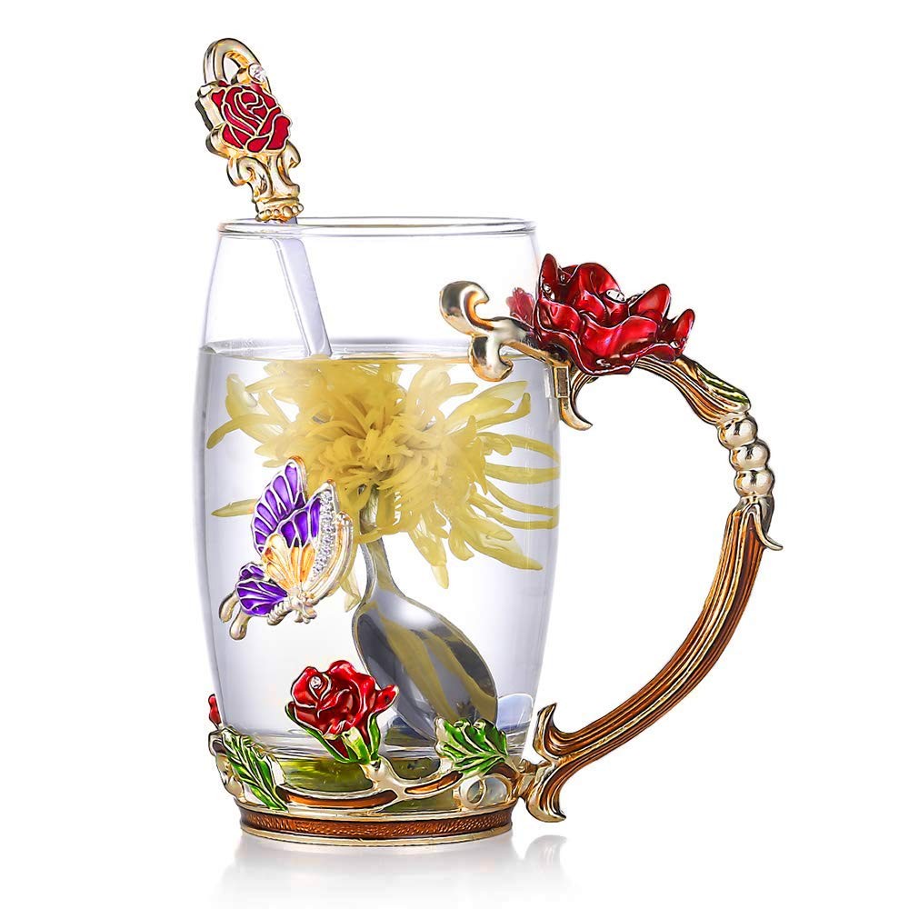 Tea Cup Glass Coffee Mugs Enamel Rose Flower Butterfly Drinking Cups with Spo...
