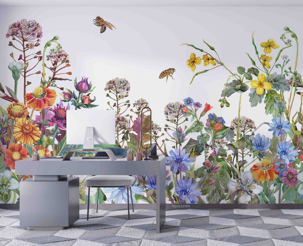 3D Flower Bee Illustration Wall Murals Wallpaper Murals Wall Sticker