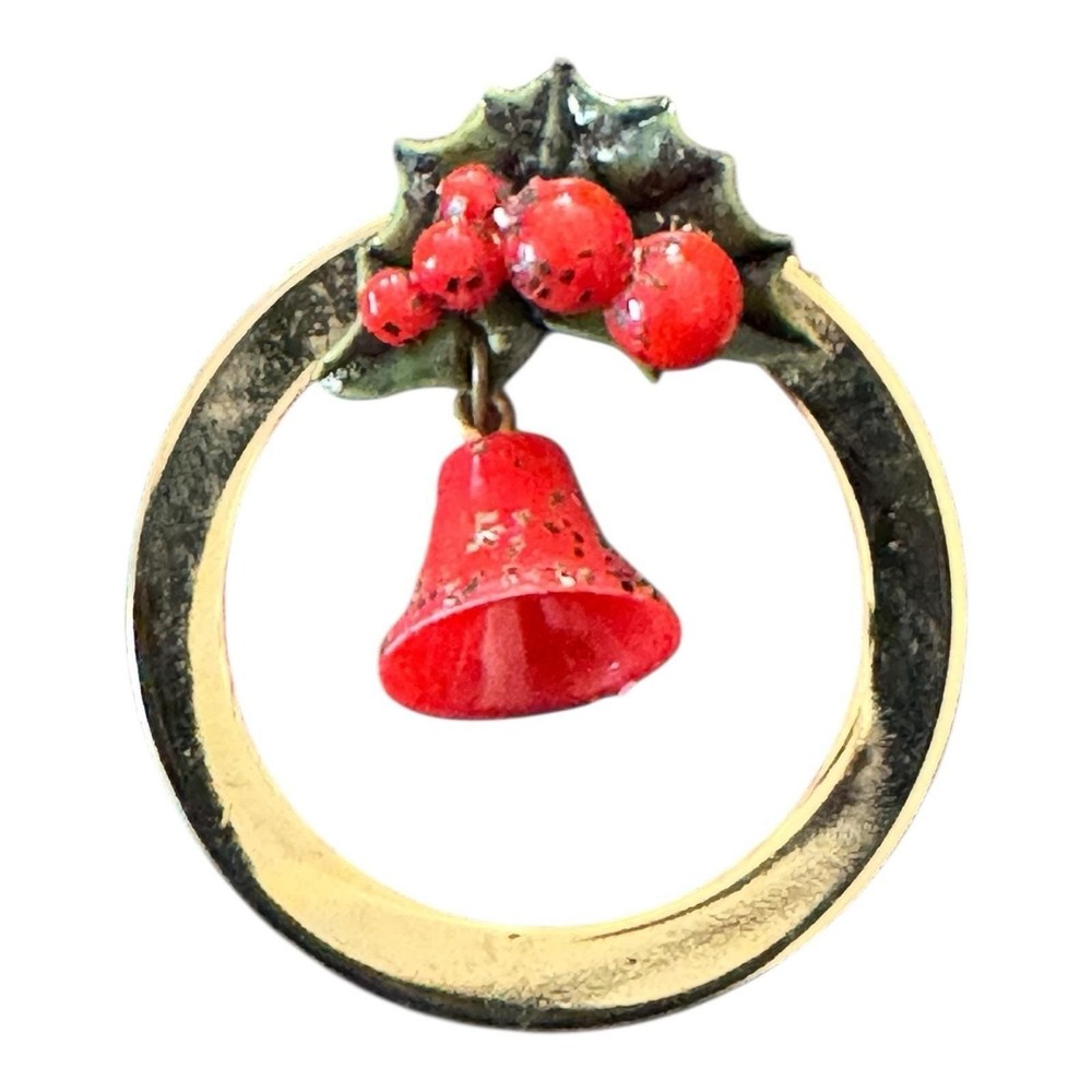 Vintage Gold-Tone Red Enamel Christmas Bell Brooch With Holly  Bow Pin Jewelry