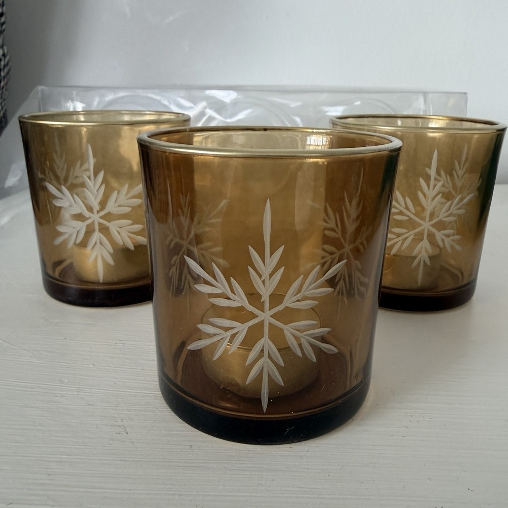 NEW Set of 3 Gold Glass Etched Snowflake Votive Candle Holders Holiday Decor