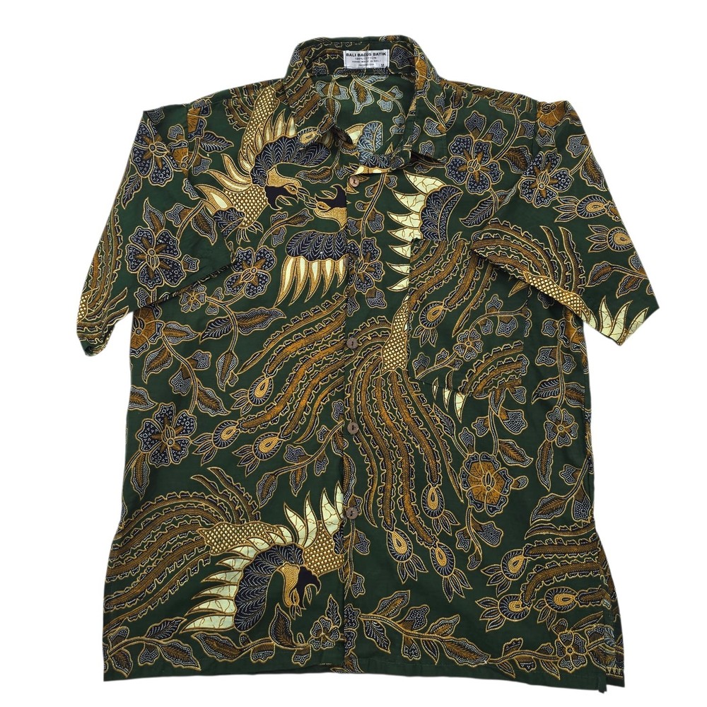 Bali Bagus Batik Men's Shirt M Short Sleeve Handmade Cotton Dark Green