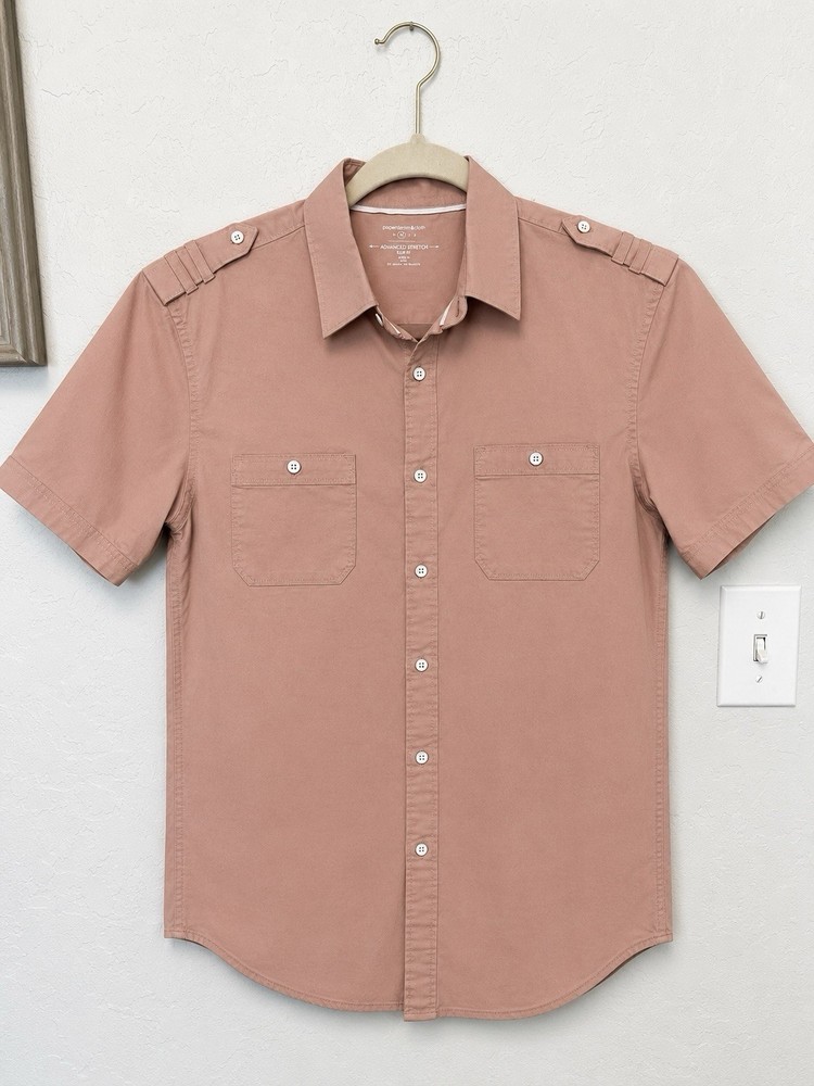 paperdenim&cloth Men's Slim Fit Stretch Short Sleeve Button-Up Shirt Pink M