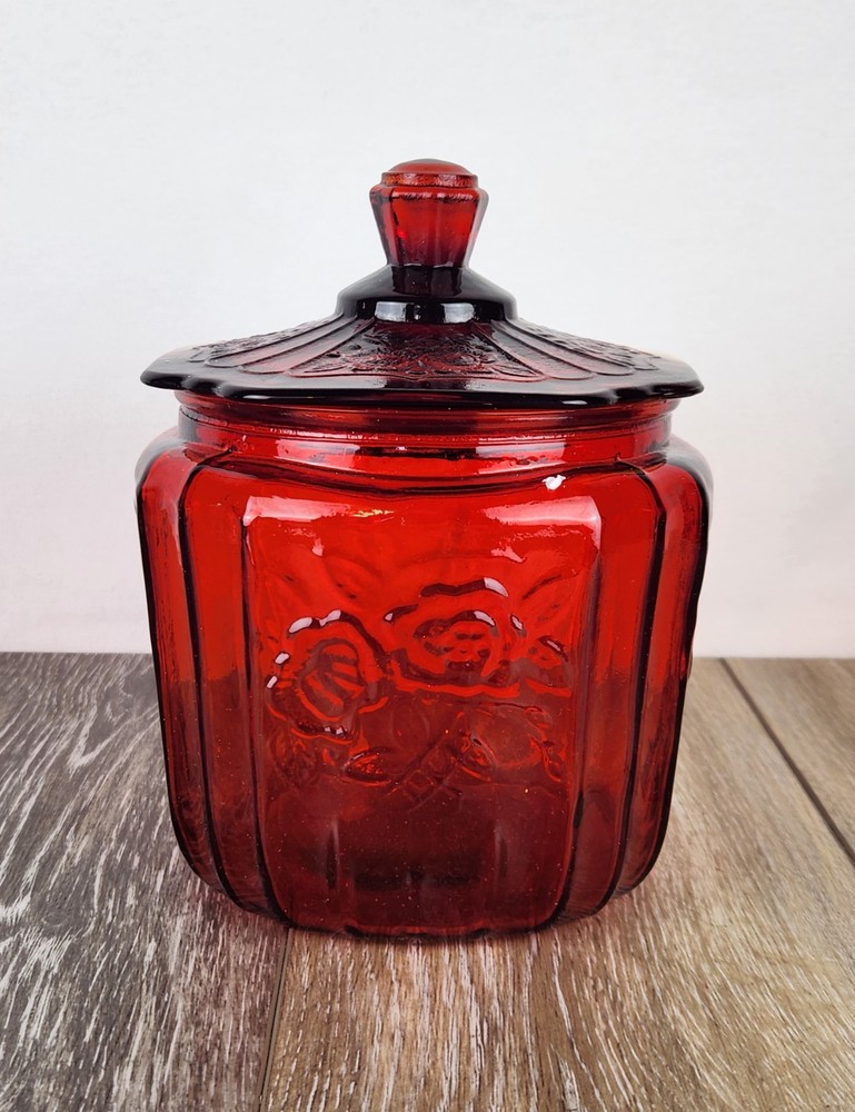 Ruby Red Mayfair Open Rose Glass Cookie/Biscuit Jar - Retro Storage - Glows!
