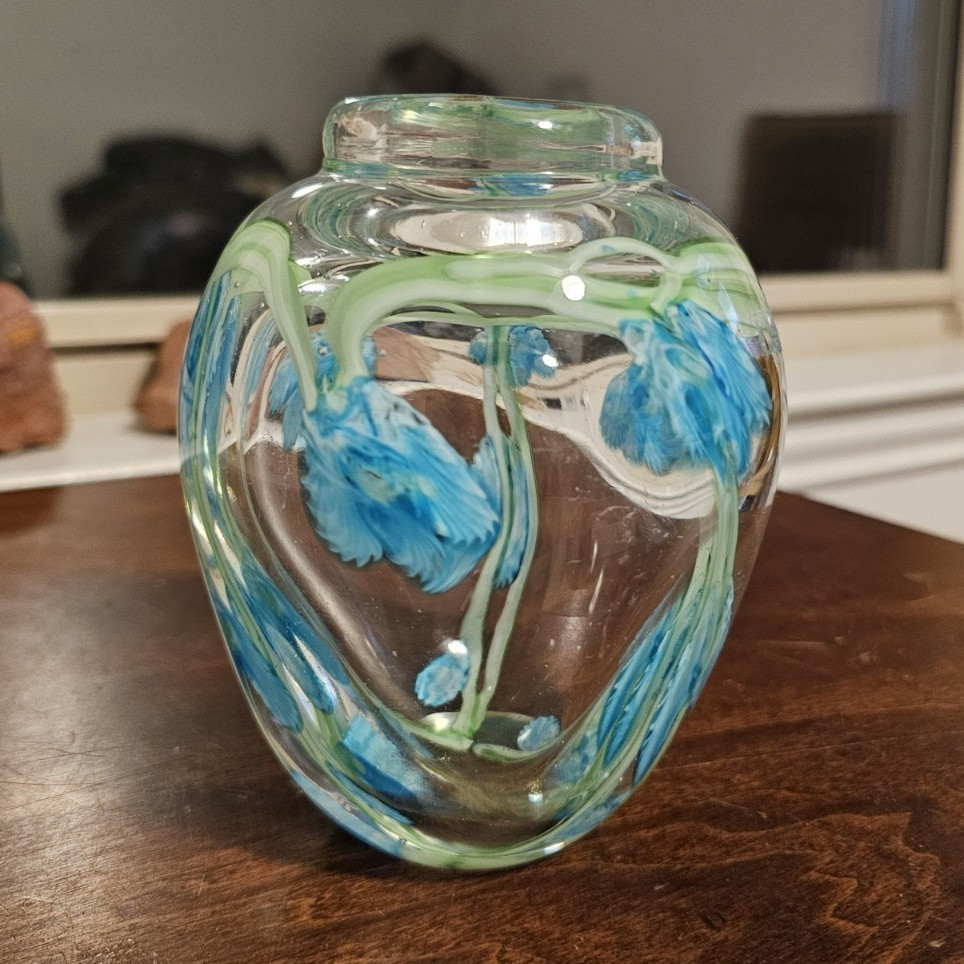 Hand Blown Art Glass Vase Clear Glass Blue & Green Floral Flowers Decor
