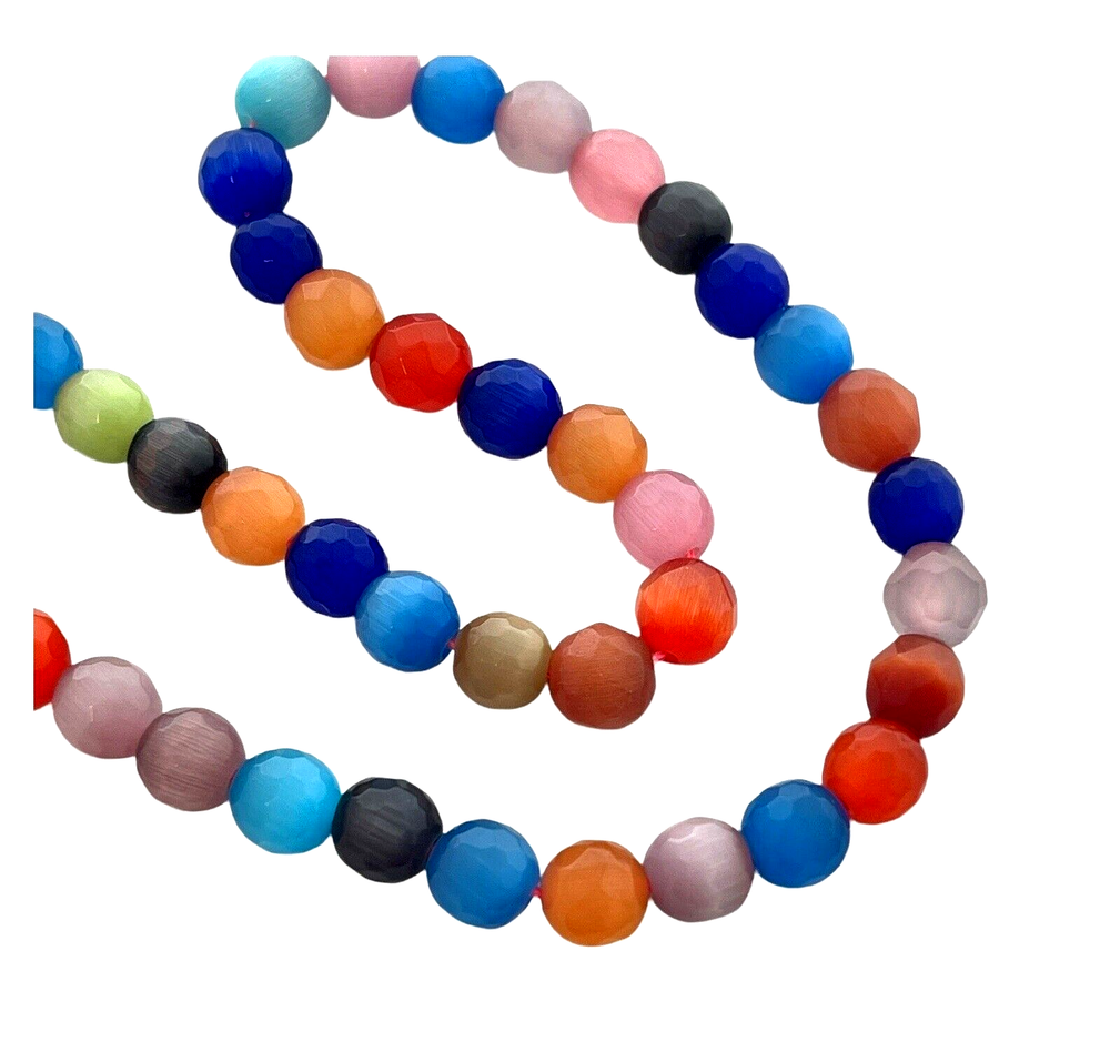 45 Multicolor 7.5-8mm Faceted Round Cat's Cats Eye Fiberoptic Mix Glass Beads