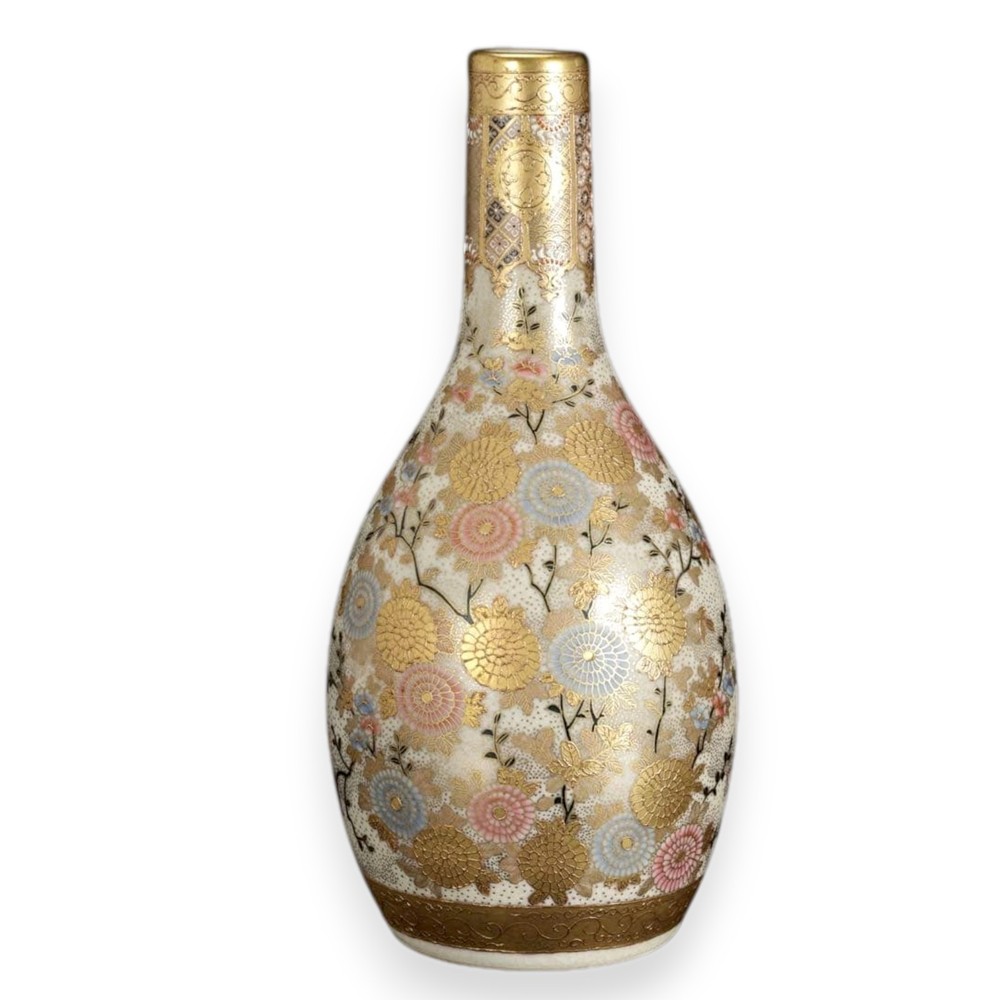Satsuma Pottery Vase Japanese Antique Ceramic Vessel Floral Decorative 9.8 inch