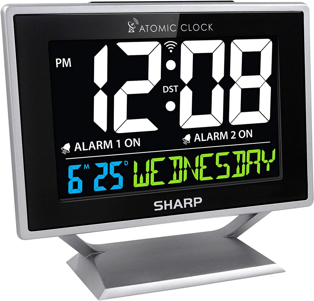 Dual Alarm Desktop Clock with Atomic Accuracy - Color Display Shows Calendar & Day