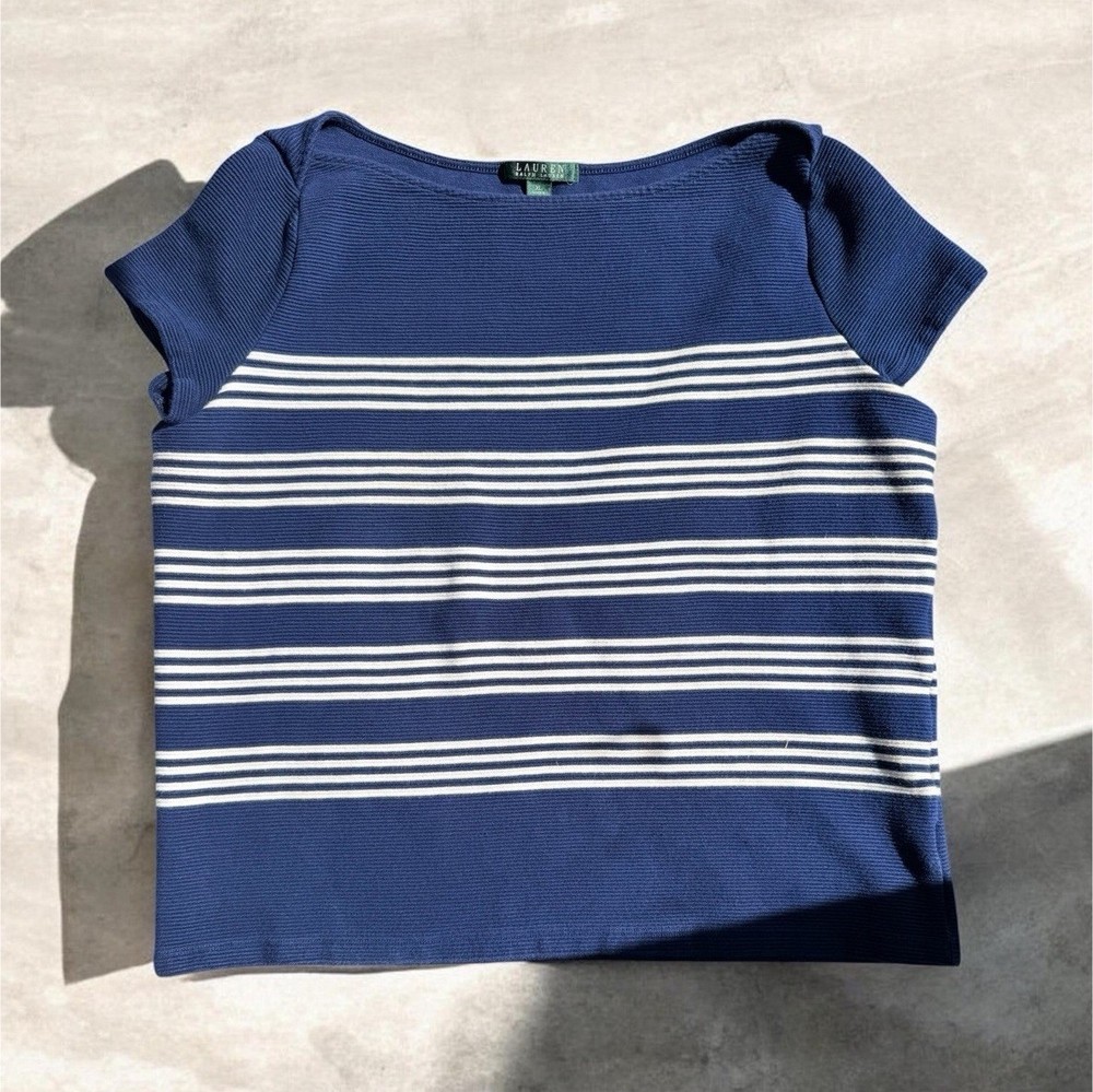 Lauren Ralph Lauren Striped Knit 100% Cotton Boat Neck T-Shirt XL Blue White