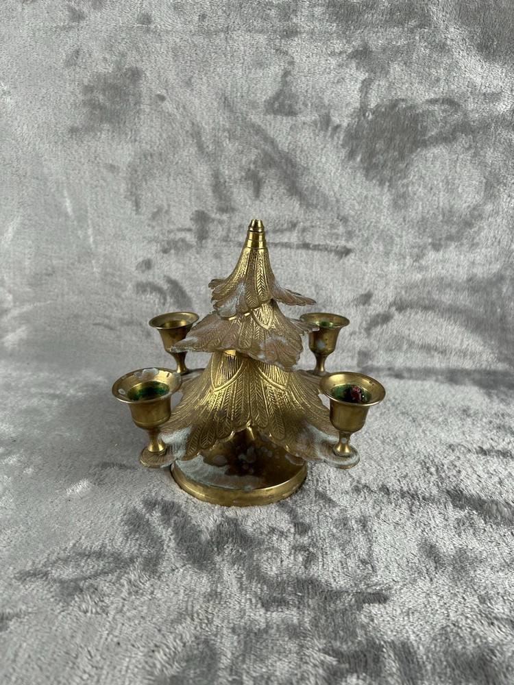 Vintage Embossed Brass Christmas Tree 5 Taper Candle Holder Broken On Top