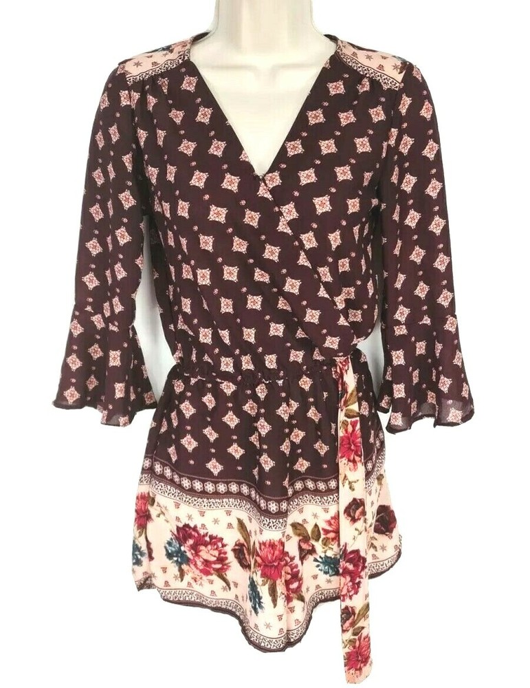 xhilaration Chiffon Floral V-neck 3/4 Bell Sleeve Short Romper Jumpsuit Women XS