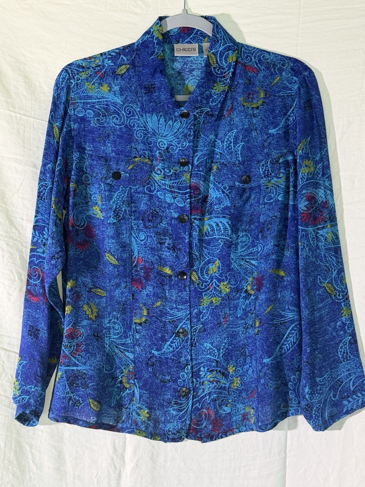 Chico's 100% Silk Floral Blouse Blue Multicolor Long Sleeve Size 1