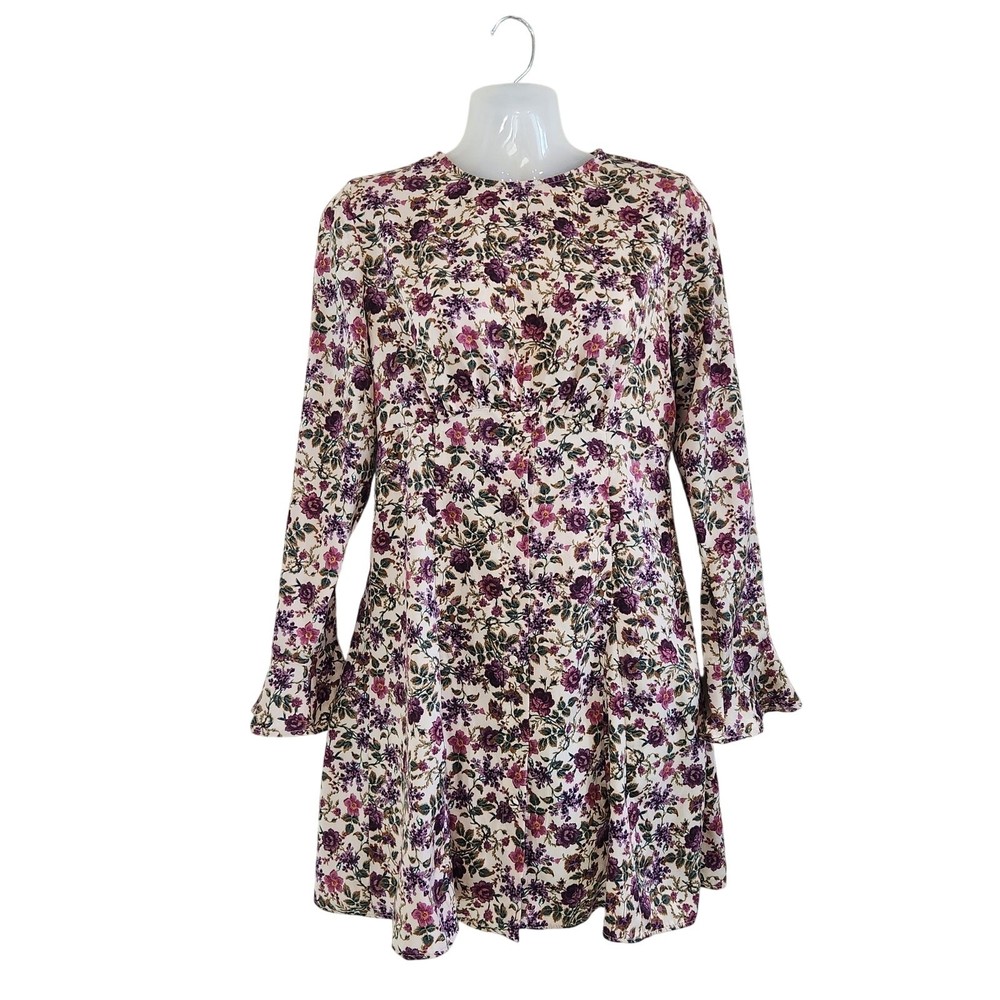 ZARA Long Sleeve Floral Boho Mini Dress Keyhole Back Multicolor Size Small