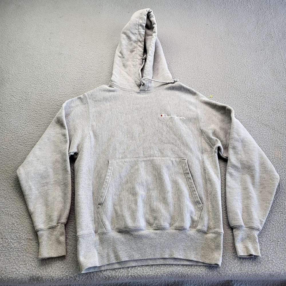 Champion Reverse Weave Hoodie Mens Small Gray Logo Embroidery Pullover Pockets