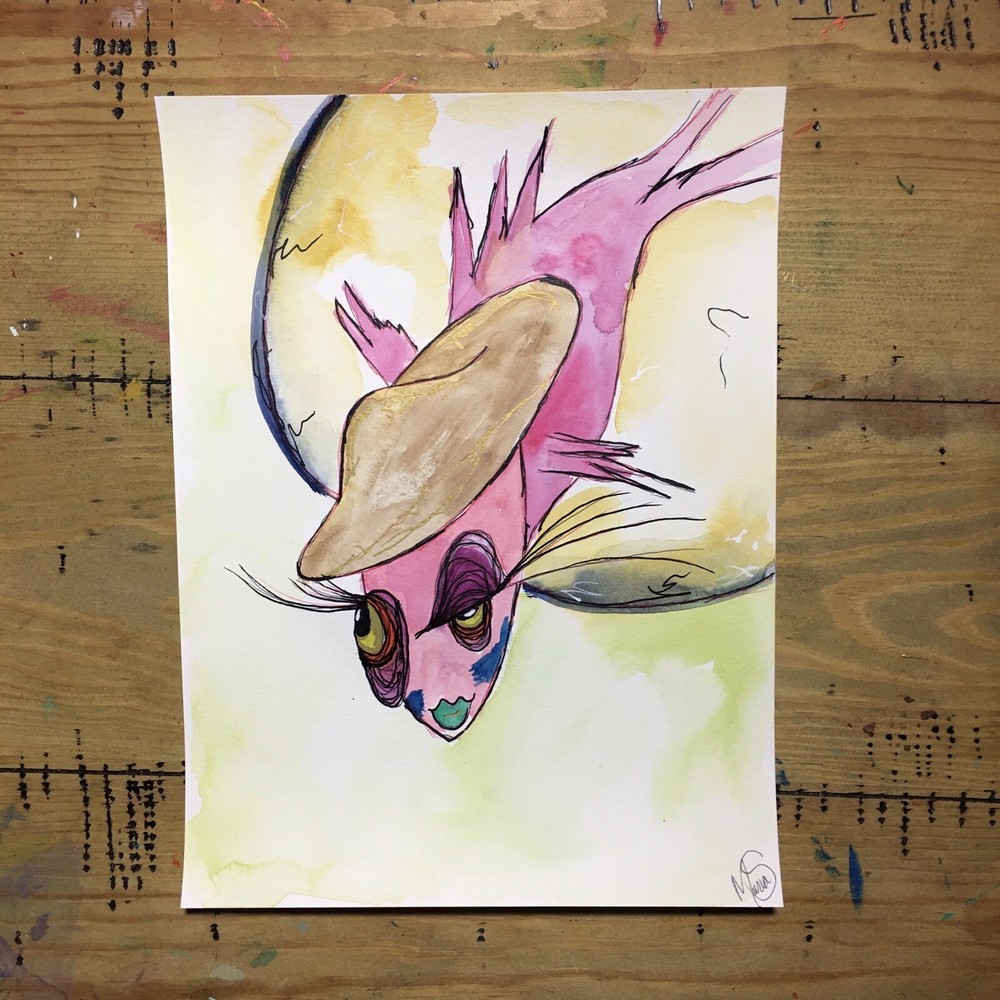 Maria Scalf Portrait Fish Abstract Street Graffiti  Modern Watercolor Art 9x12
