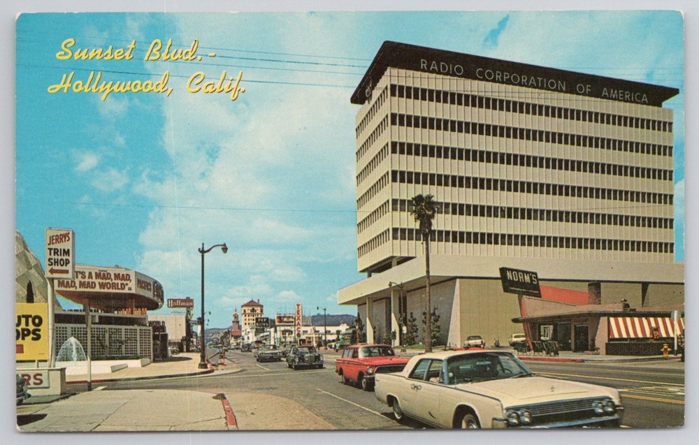 Sunset Blvd Hollywood CA RCA Building Vintage Plastichrome Postcard 1960s