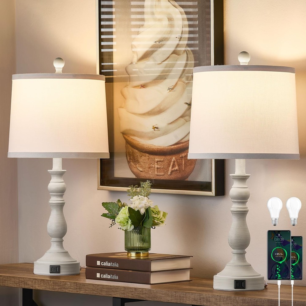 Table Lamps Set Of 2 With LED Bulbs USB C For Living Room Bedroom Wood Farmhouse
