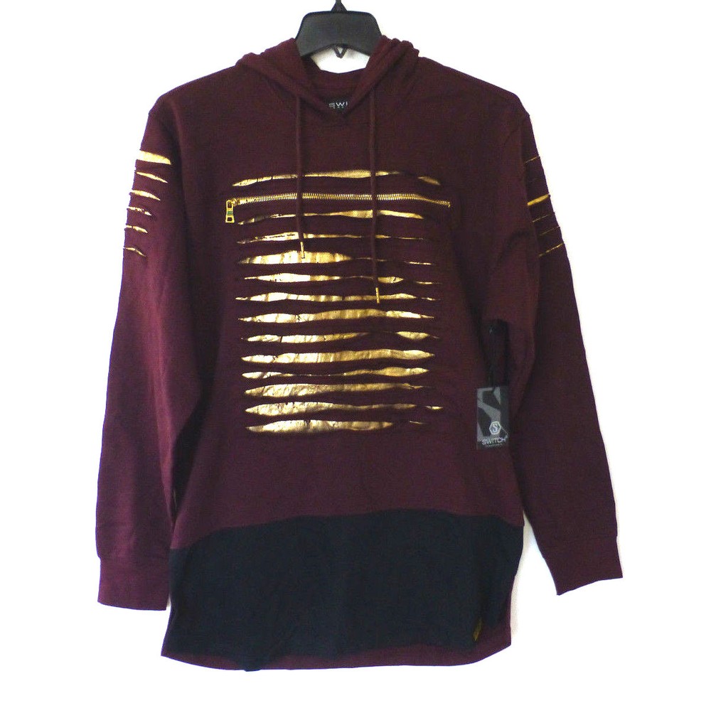 Switch Sweatshirt Mens Medium Burgundy & Black Gold Destroyed Slim Hoodie New
