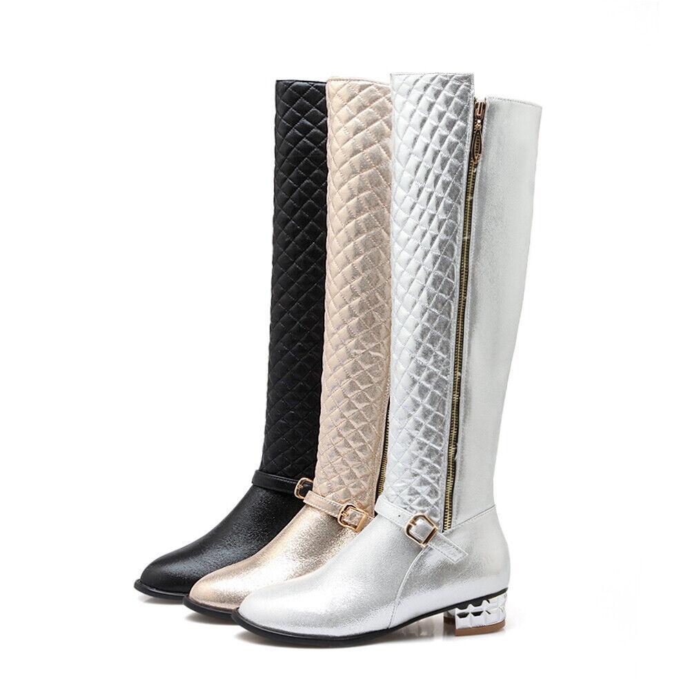 Women's Knee High Boots Low Heel Long Boot Buckle Side Zip Shoes