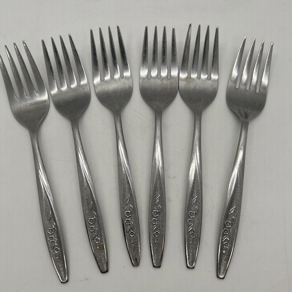 6 Superior RADIANT ROSE Salad Forks Flatware TAIWAN Stainless VTG Free 1 Spoon