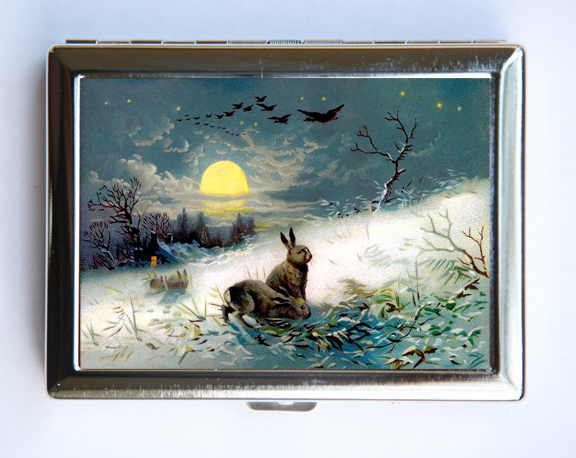 Rabbits Moon Cigarette Case Wallet Business Card Holder Owls fairytale