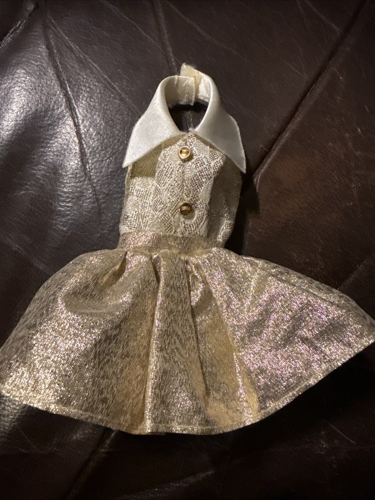 Barbie Dress Gold Fashion Avenue Satin Collar Button Party Dress Doll Clothes