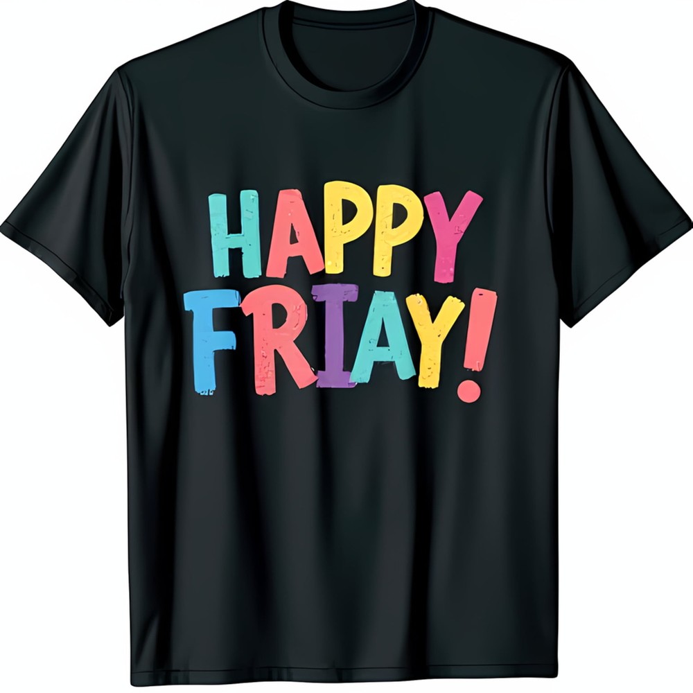 Colorful Happy Friday Graphic Black T-Shirt with Sparkly Glitter Effect