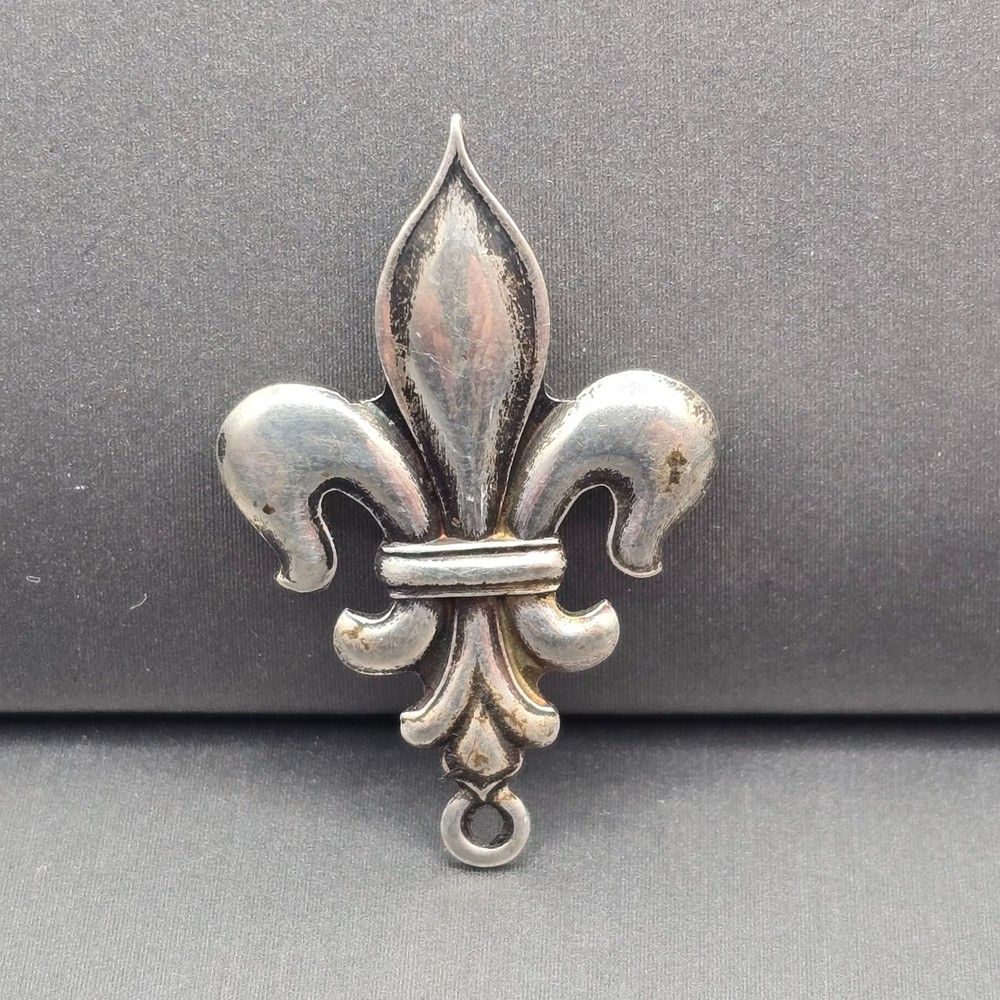 Antique Sterling Silver Fleur De Lis Brooch Pin Pendant Watch Loop Heraldic
