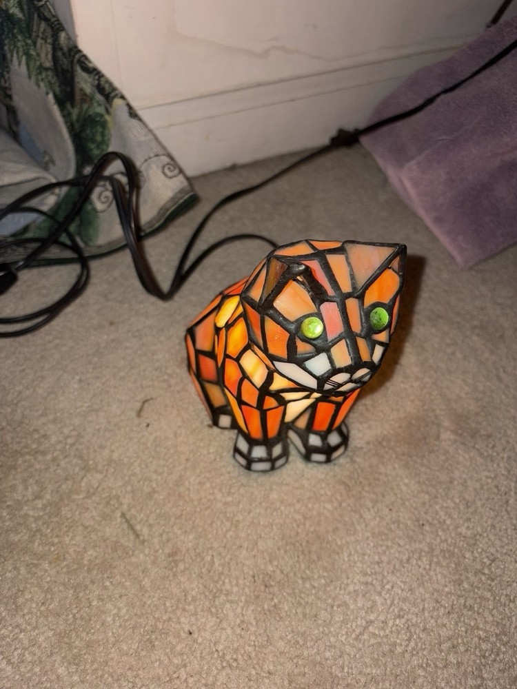 Vintage Tiffany Style Stained Glass Orange Cat Lamp, Meyda, 7 inches tall