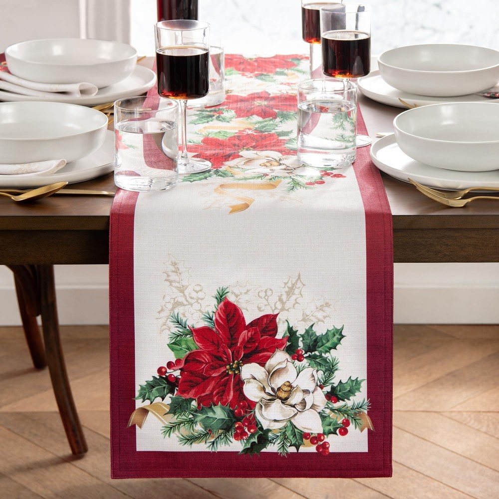 Elegant Poinsettia Holiday Table Runner in Red and Green, 13x70 Inches