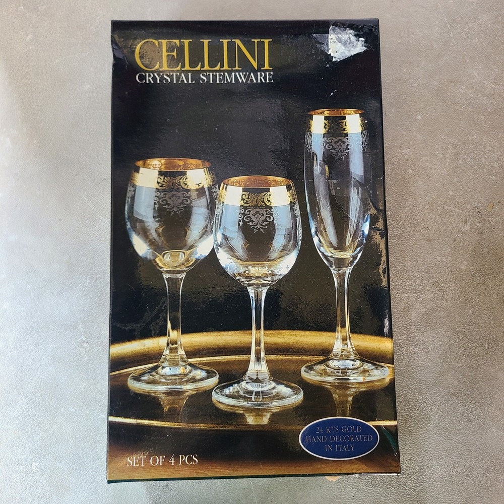 Cellini wine 24k Gold Rimmed Crystal Etched Stemware Glasses Set Of 4 Italy
