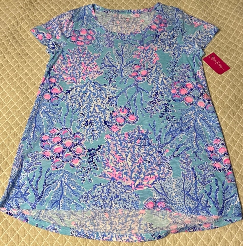 Lilly Pulitzer Etta Top Blue Ibiza Now You Sea V-Neck Tee Size M NWOT