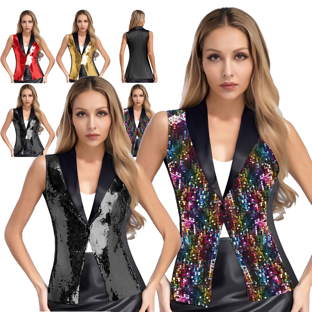 Women's Sequins Blazer Sleeveless Sparkle Open Front Jacket Cardigan Jacket Top