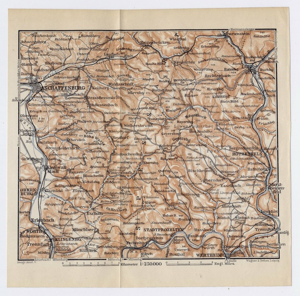 1910 Antique Map Of Vicinity Of Aschaffenburg Lohr Bavaria Bayern / Germany