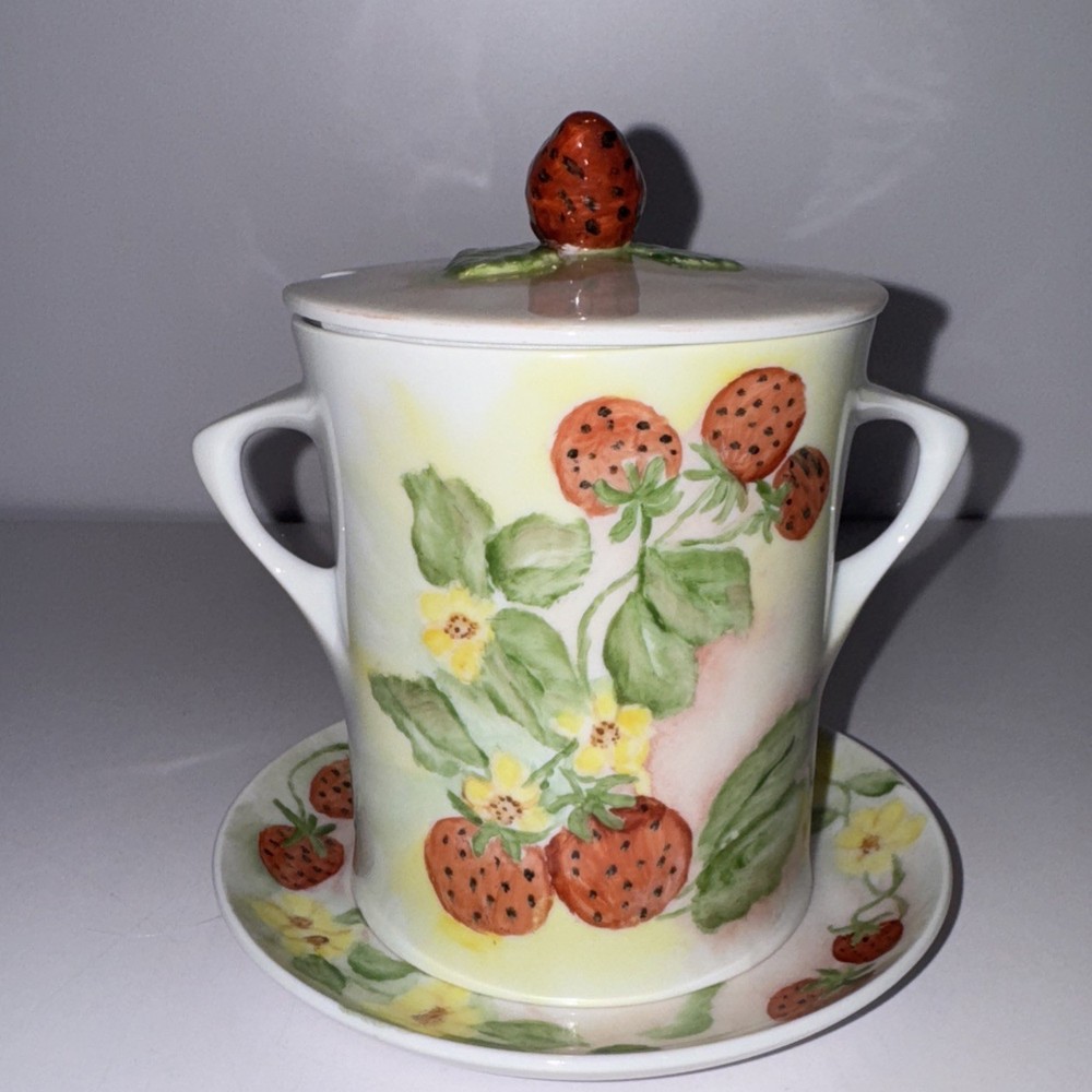 Vintage Strawberry Jam/Sugar Jar With Lid & Under plate Signed Ruth 1989