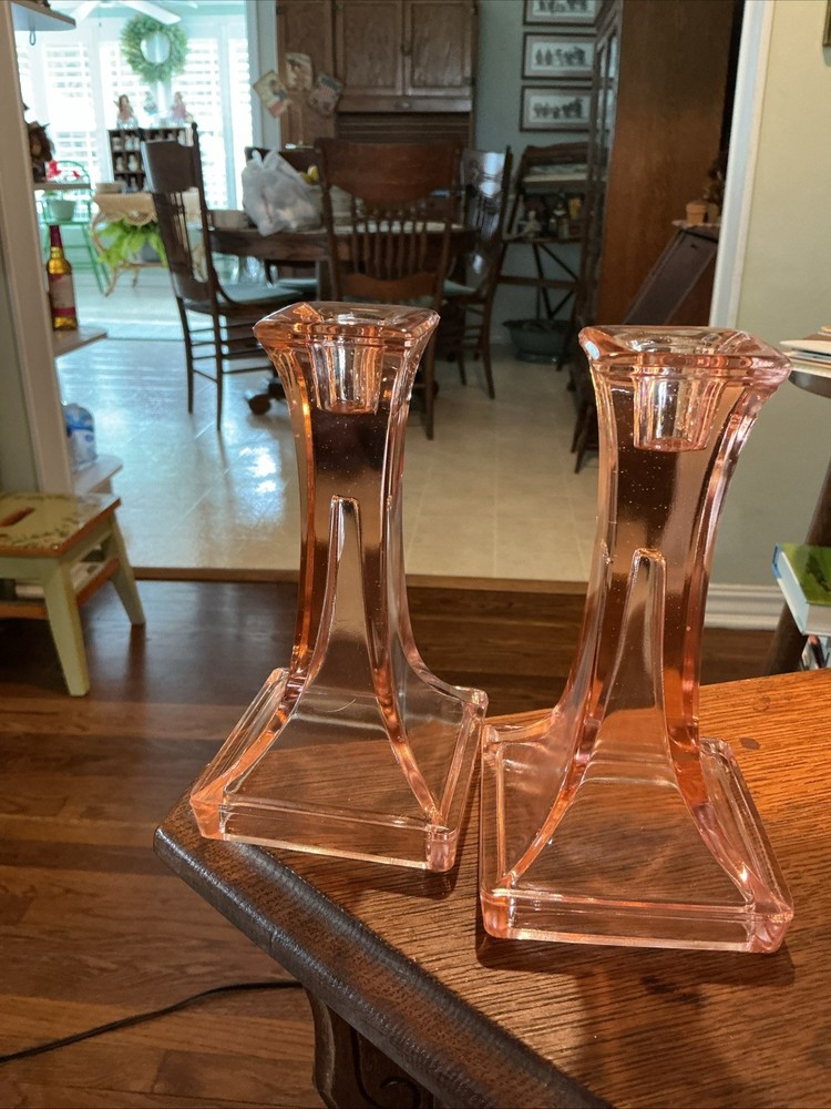 Set of 2 Vintage Candle Sticks Pink Glass 6.25 Inches Tall Dinner Depression?