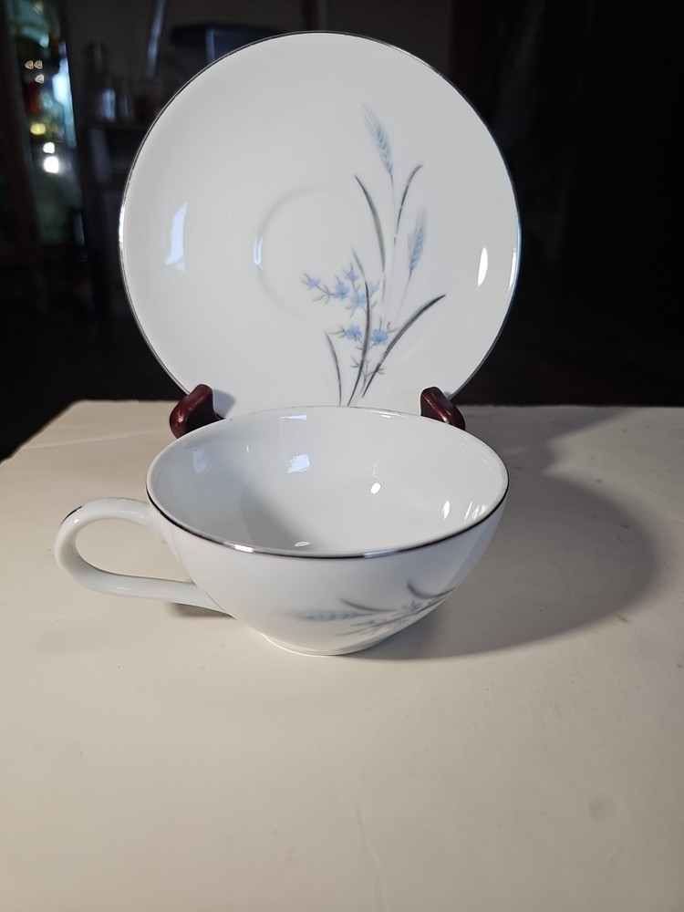 Vintage Castlecourt Wheat Harvest Cup and Saucer Japan Fine China Blue Silver