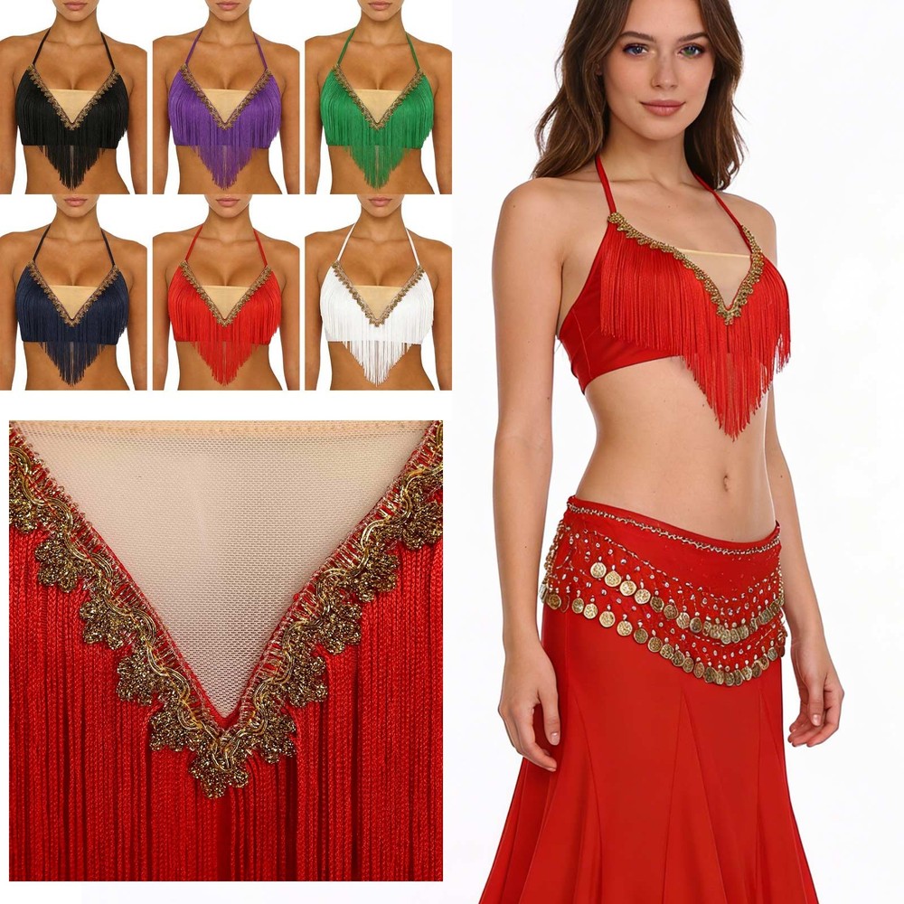 Women's Fringed Belly Dance Camisole Lace-up Halter Tassel Crop Top Performance