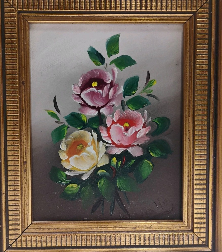 VTG Signed Miniature Floral Flowers Still Life Oil Painting Gold Wood Frame 6X7