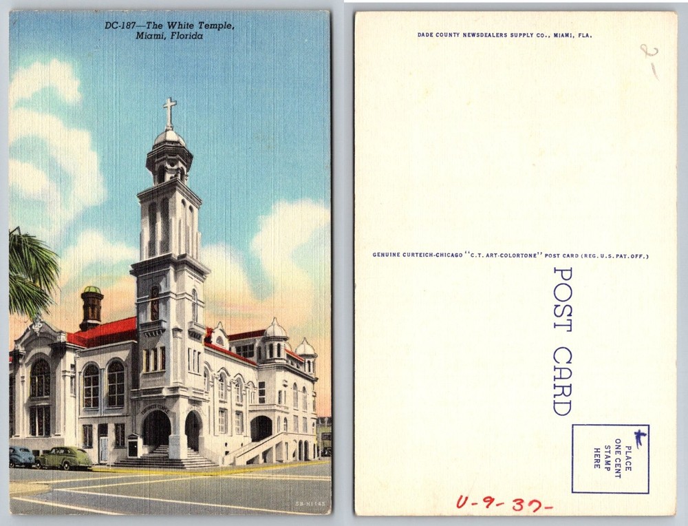 Vintage The White Temple Miami Florida Postcard CT Art-Colortone Linen 1932