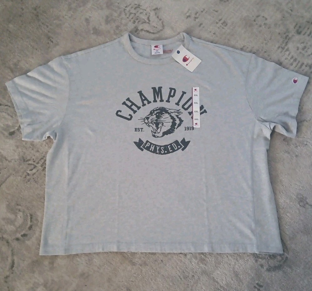 Champion Phys Ed Cougar Graphic Tee  Men's Size XXL Gray Boxy Fit T Shirt NWT