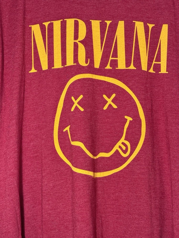 Nirvana Smiley Face Band Acid Wash Berry Graphic T-Shirt - Size Large NWOT 90s-image