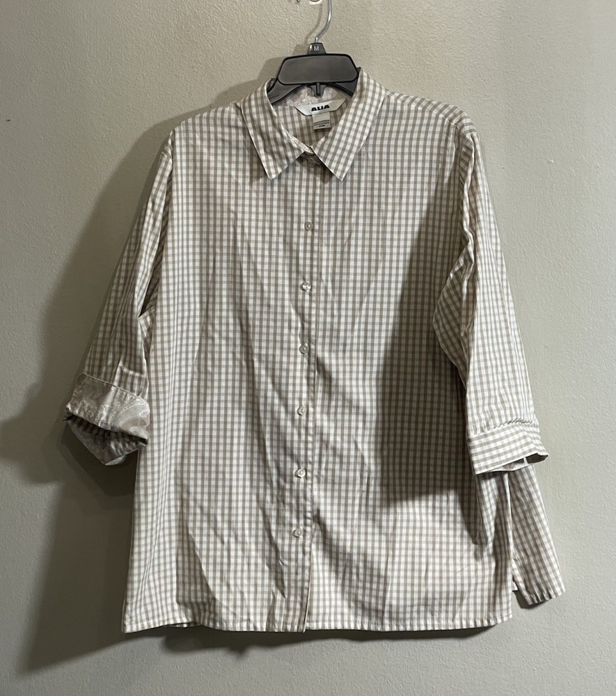 Alia Button Down Collared Shirt 20W Tan White Gingham Button Contrast Sleeve