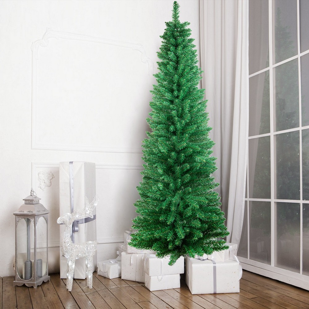 4FT to 7FT Artificial Pencil Christmas Tree Hinged Pine Bushy Green