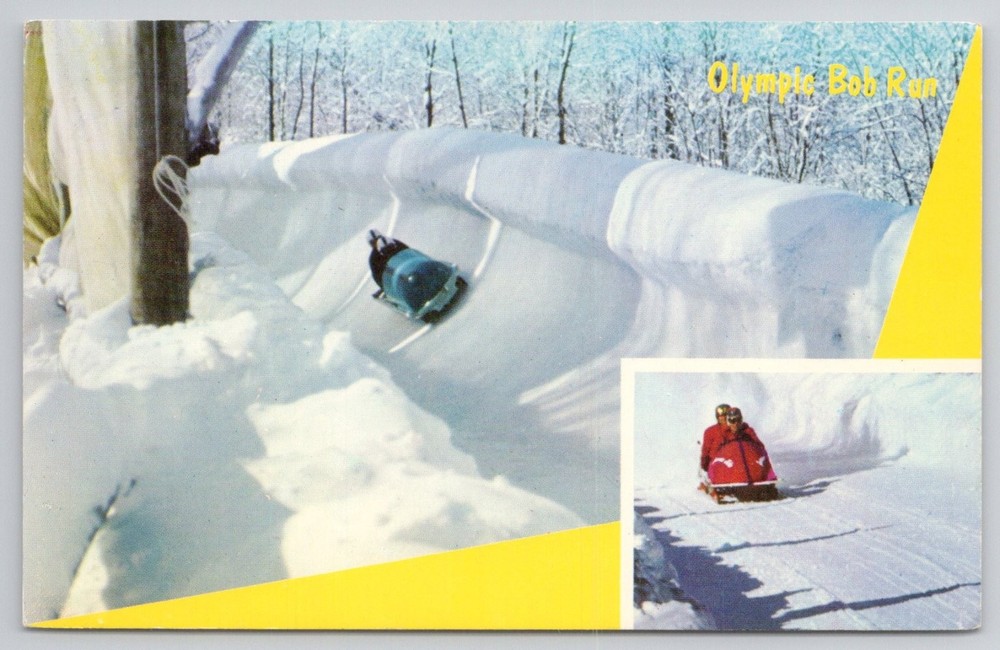 Lake Placid NY Olympic Bob Run Vintage Postcard Van Hovenburg Bobsled Chrome